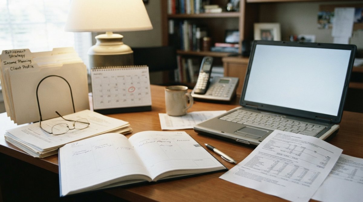 A financial advisor and client shaking hands across a desk in a professional office setting, with documents and a laptop visible, natural lighting through large windows