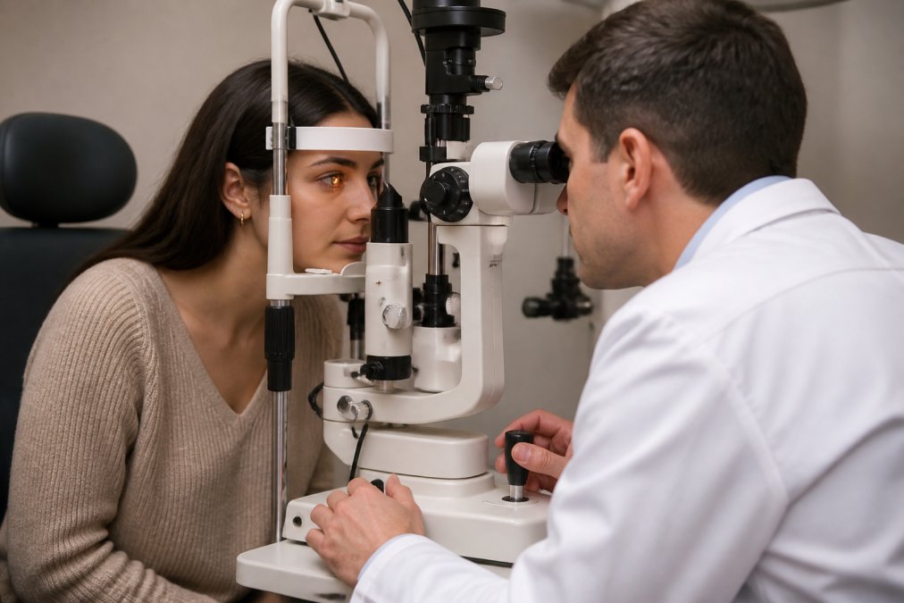 Optometrist using a slit lamp to examine a patient's eye during contact lens fitting evaluation, with warm clinical lighting and patient in examination chair