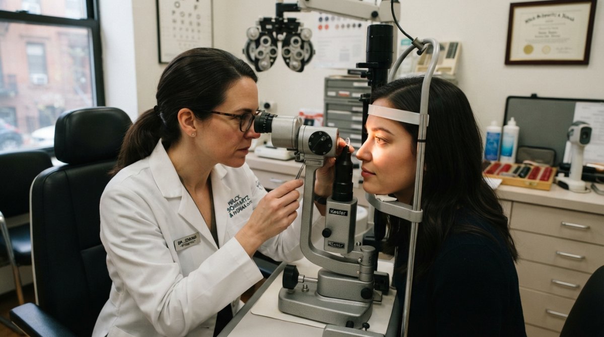 Optometrist performing corneal measurement on patient using advanced topography equipment in bright clinical setting with modern diagnostic instruments