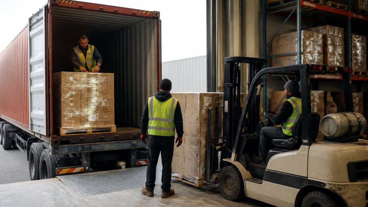 Workers in safety vests unloading pallets from a shipping container at a warehouse loading dock, with material handling equipment and organized storage racks visible in the background