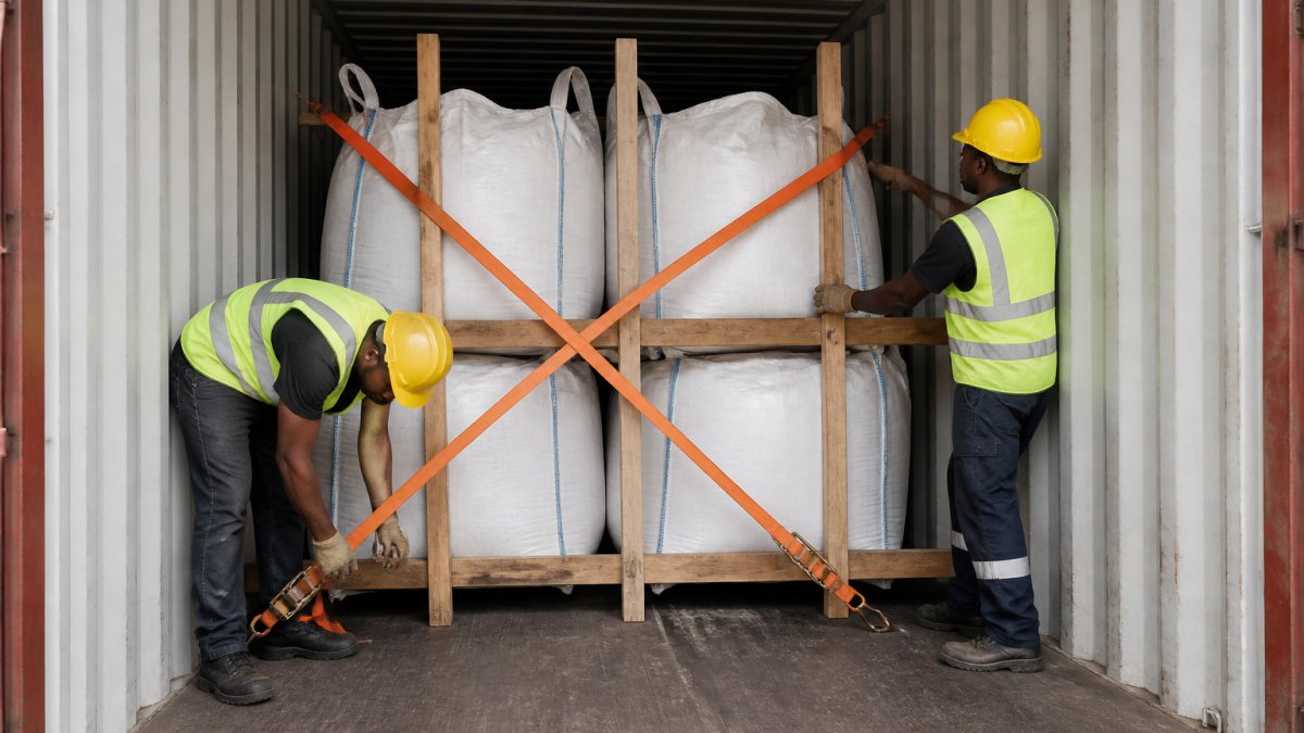 Workers securing cargo with heavy-duty straps and wooden bracing inside a 40-foot shipping container, showing proper load distribution and stability