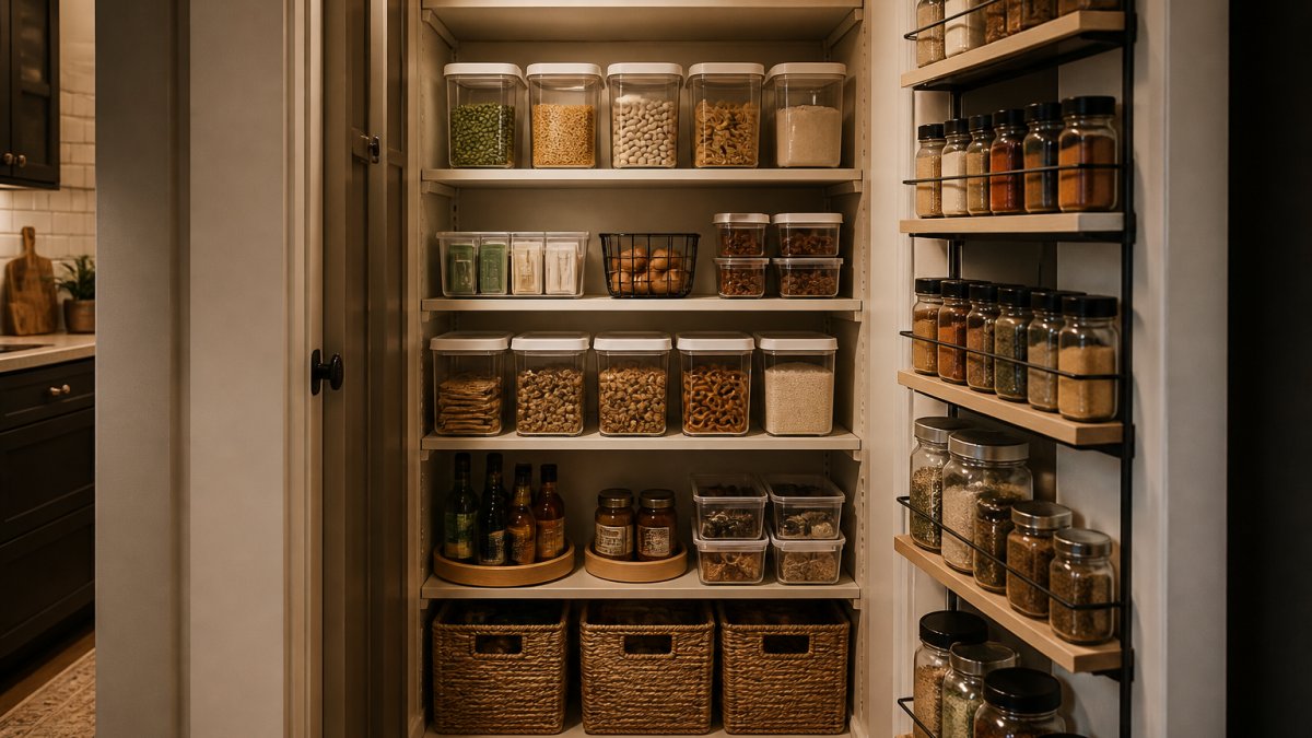 Diagram showing how tiered shelves and rotating racks maximize storage in a small, narrow pantry cabinet.