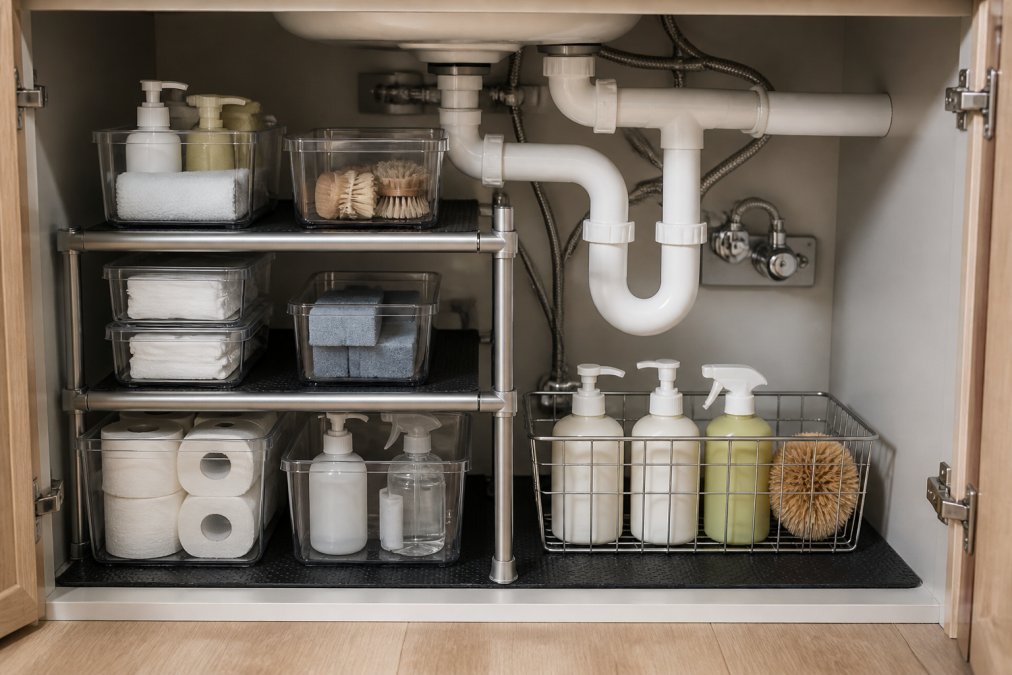 Well-organized under-sink cabinet with clear stackable containers, stainless steel tension shelves, and waterproof mats arranged around visible white plumbing pipes and shutoff valve