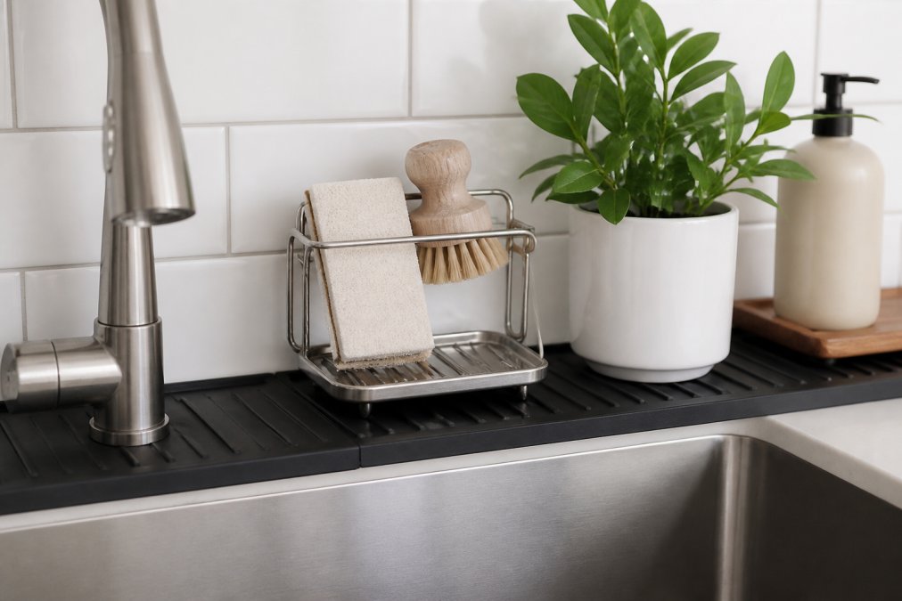 Modern kitchen sink area with black minimalist silicone splash mat, stainless steel sponge holder with angled drain tray, and Scandinavian-inspired white subway tile backsplash