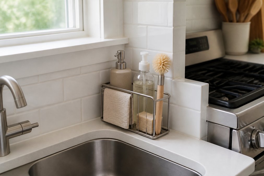 Compact urban kitchen sink area with a minimalist metal organizer holding cleaning supplies and dish soap in a tight corner space next to a stove with natural window lighting