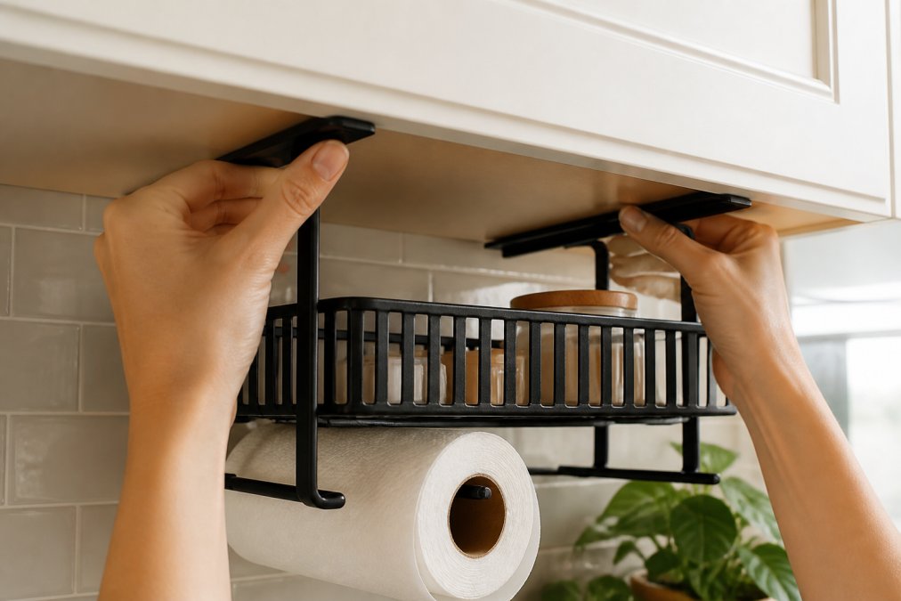 Close-up of hands installing a hanging organizer under a cabinet without tools, demonstrating the tension-based mounting system in action with natural kitchen lighting