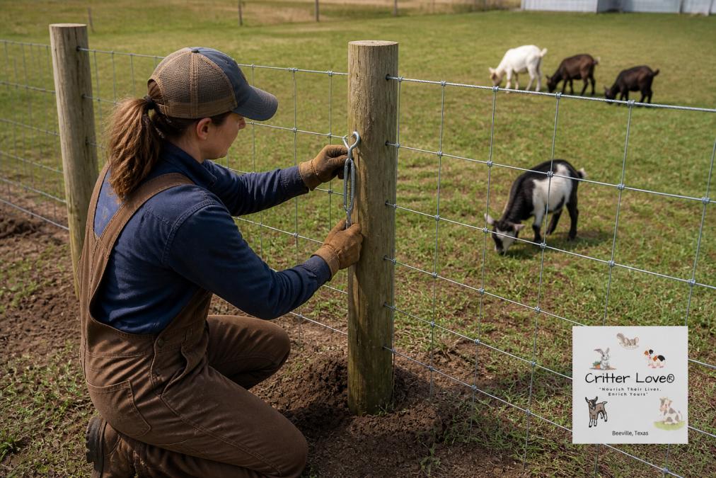 A person in work clothes installing a woven wire fence with wooden corner posts and a tensioning tool on a small hobby farm, with Nigerian Dwarf goats grazing in the background
