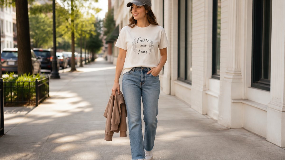 Young adult wearing a faith-inspired graphic tee and distressed hat while walking on a city sidewalk