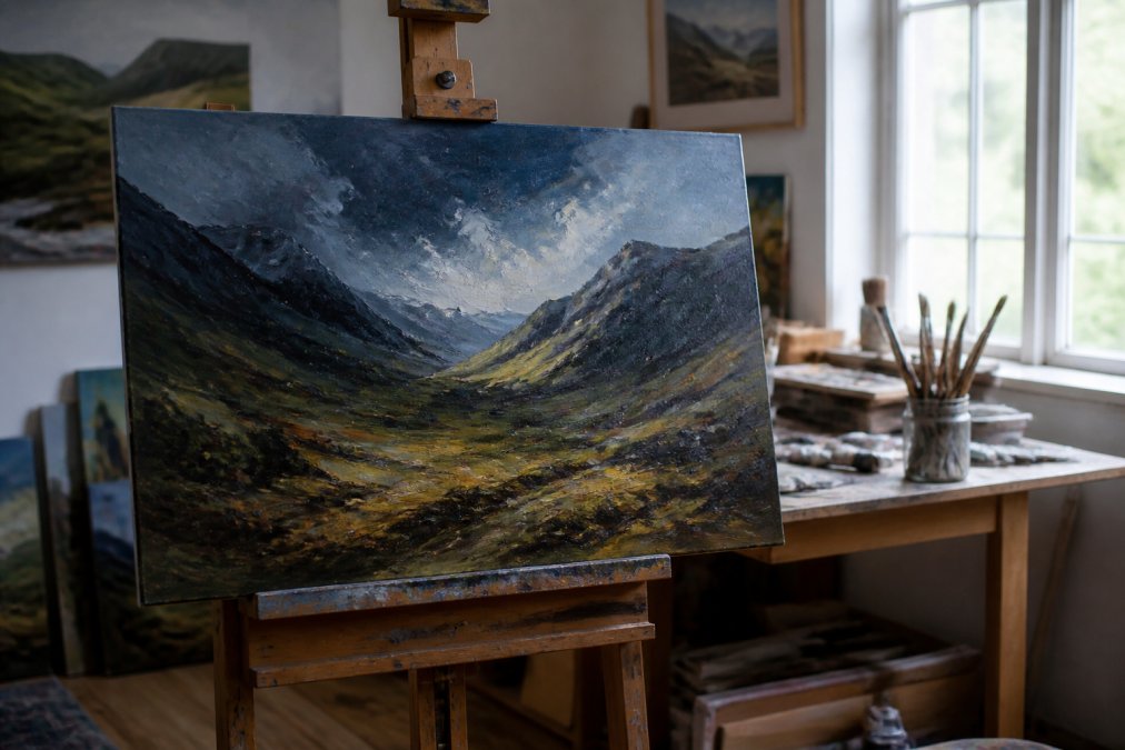 A contemporary oil painting on canvas depicting a moody Scottish glen, with visible textured brushstrokes and a palette of deep blues, greens, and earthy ochres, displayed on an artist's easel in a bright studio