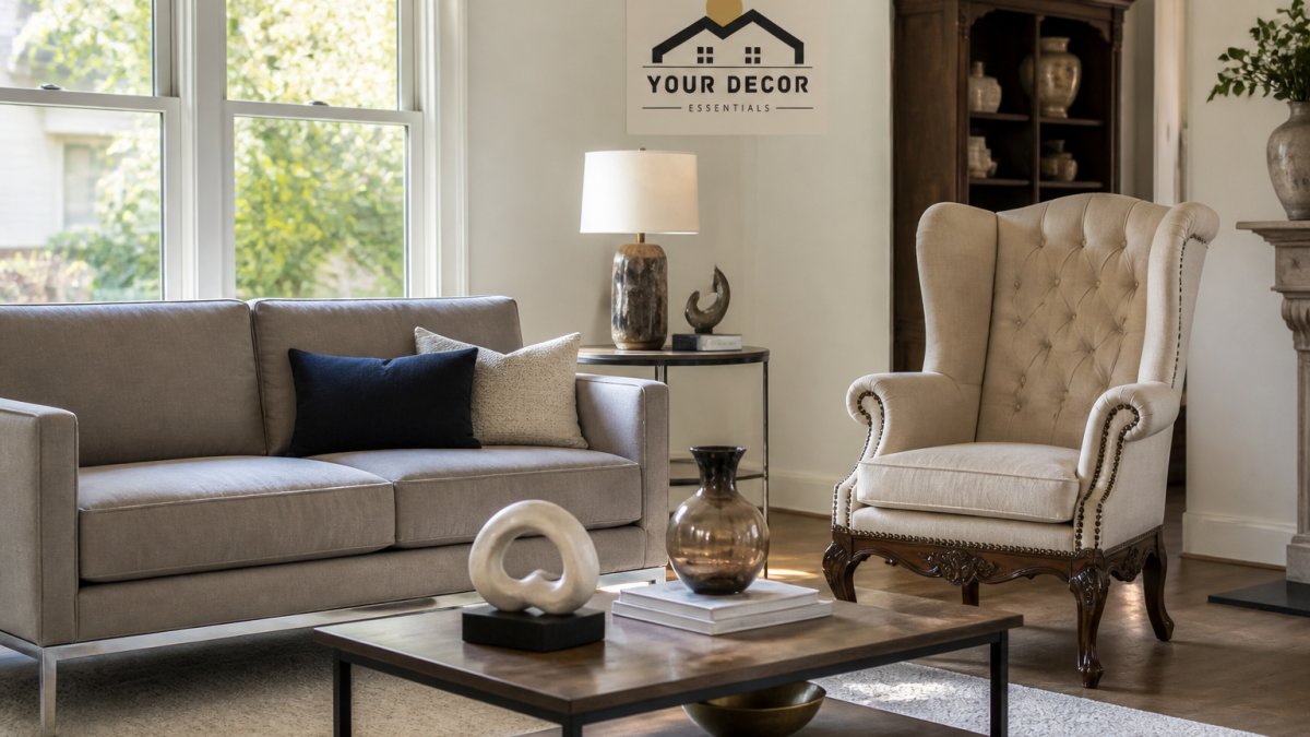 Modern living room with contemporary sofa featuring clean lines and metal legs positioned beside traditional wingback chair with rolled arms and ornate wood detailing, natural daylight streaming through windows