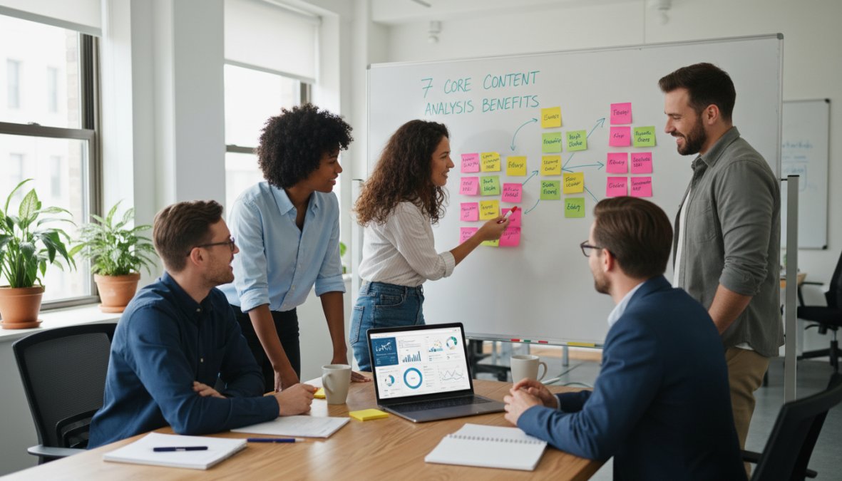 A diverse marketing team gathered around a laptop and whiteboard covered in sticky notes, actively discussing content strategy in a bright modern office with large windows and natural daylight