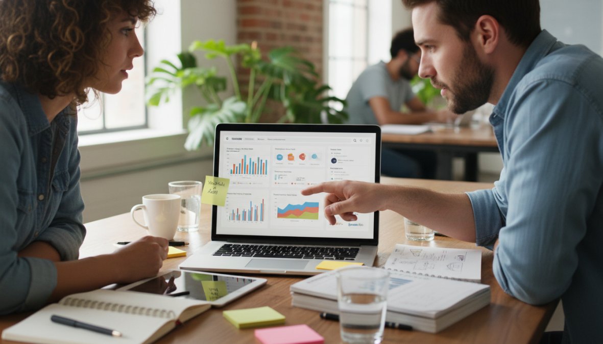 Two content strategists collaborating around a laptop, pointing at a website analytics screen showing performance metrics, working in a bright co-working space with floor-to-ceiling windows