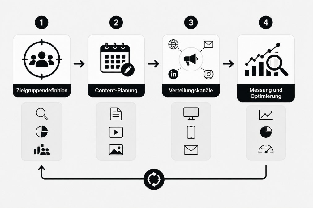 Flowchart mit vier Säulen: Zielgruppendefinition → Content-Planung → Verteilungskanäle → Messung und Optimierung, mit Feedback-Schleife