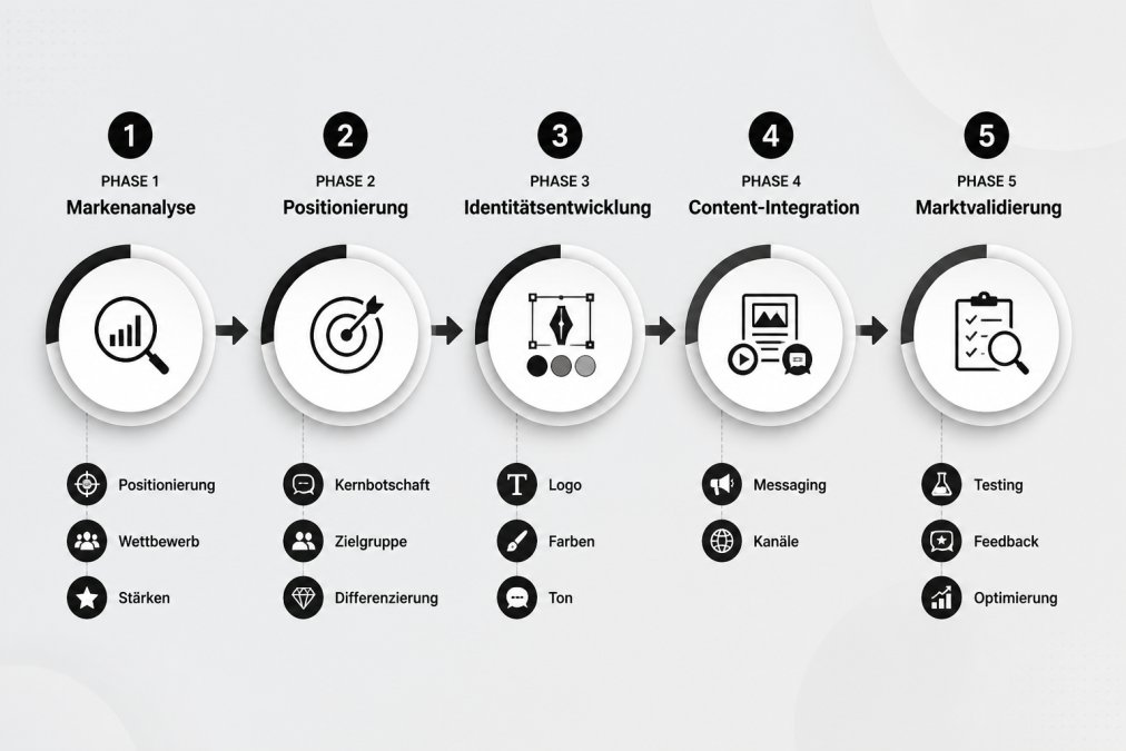 Timeline mit fünf Phasen: Phase 1 Markenanalyse (Positionierung, Wettbewerb, Stärken) → Phase 2 Positionierung (Kernbotschaft, Zielgruppe, Differenzierung) → Phase 3 Identitätsentwicklung (Logo, Farben, Ton) → Phase 4 Content-Integration (Messaging, Kanäle) → Phase 5 Marktvalidierung (Testing, Feedback, Optimierung)
