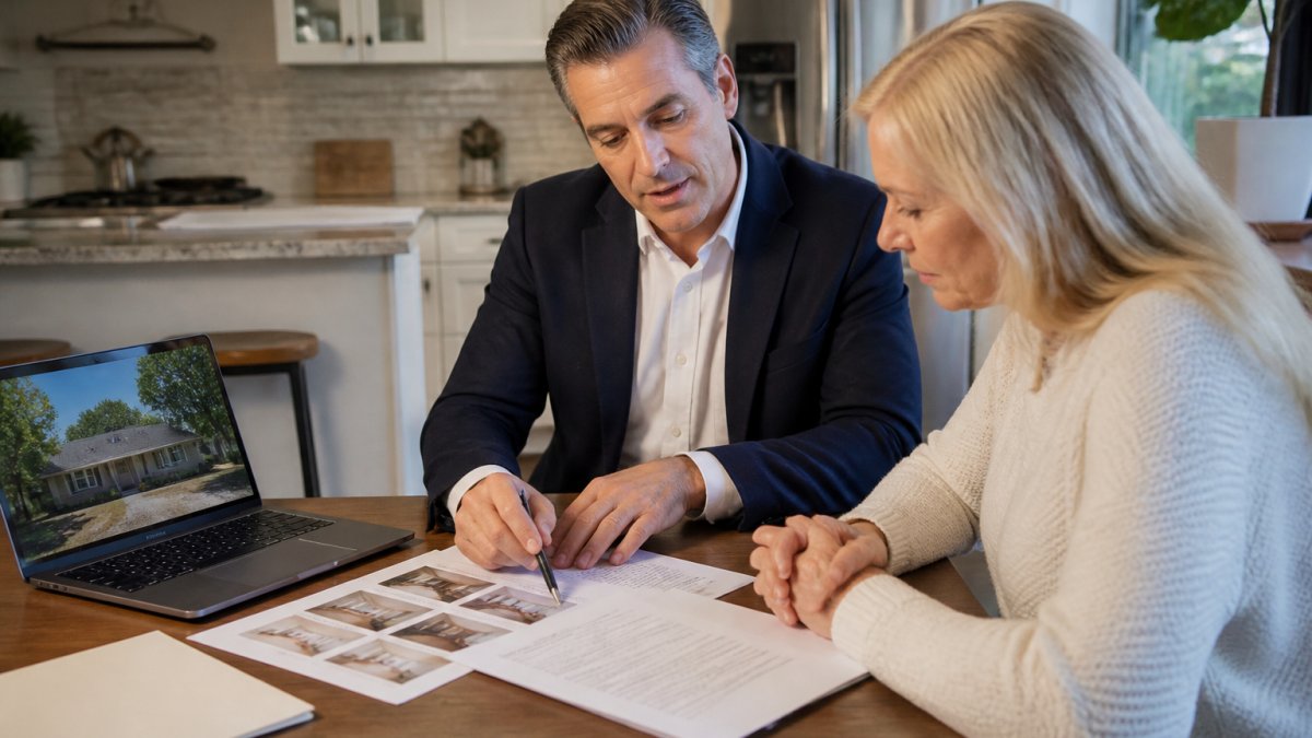 Homeowner and real estate agent reviewing property documents and listing information at a kitchen table with a laptop showing a Burbank home listing