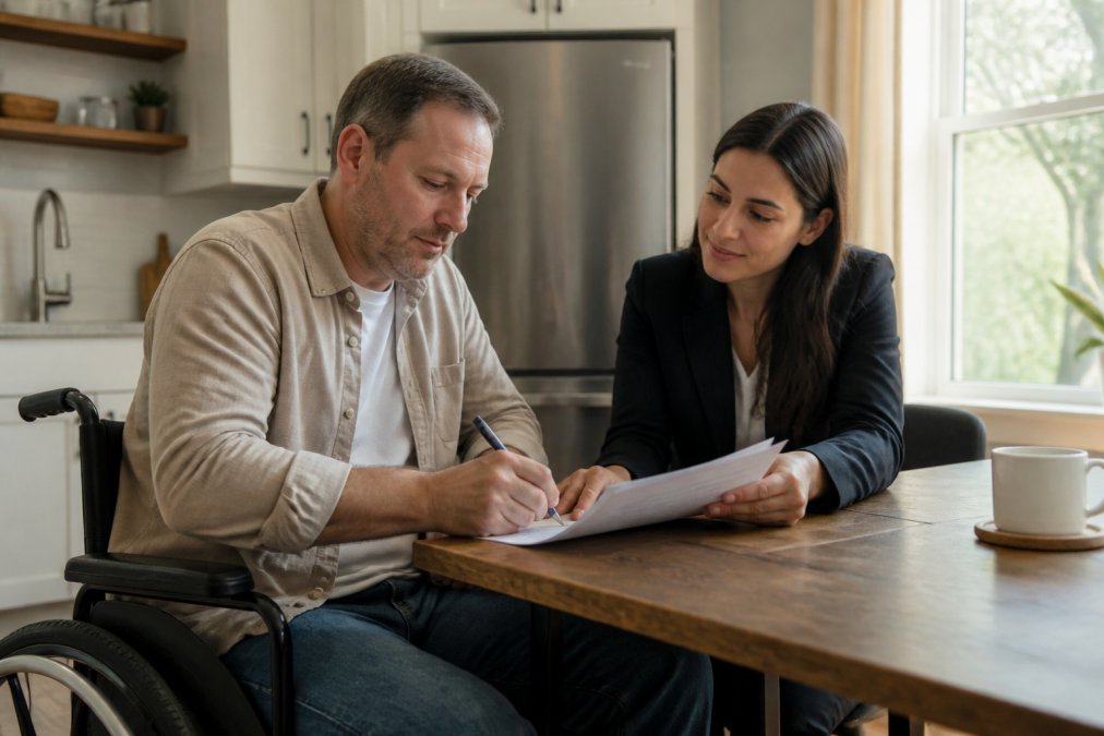 A person in a wheelchair recovering from a car accident sitting at a kitchen table, reviewing a legal document with a pen in hand, soft natural light through a window
