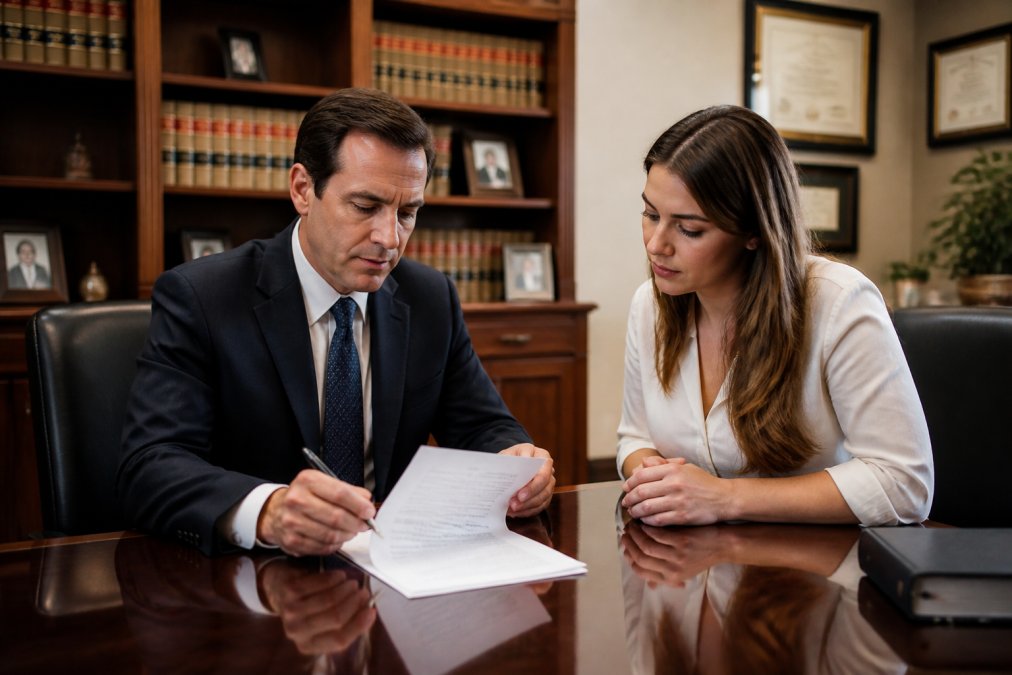 A personal injury attorney sitting across a polished desk from a client, both reviewing a legal document together in a warmly lit, professional law office with bookshelves and framed diplomas visible in the background