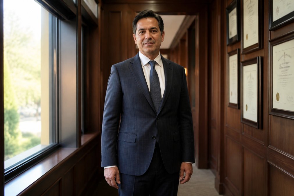 A confident attorney in a tailored suit standing in a wood-paneled law office hallway, arms at their sides, with framed legal certificates on the wall behind them and natural light coming through a large window