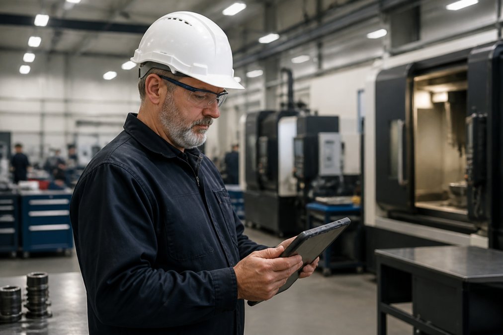 A senior engineer in a hard hat and safety glasses reviewing a tablet with patch deployment schedules inside a clean, modern manufacturing facility with CNC machines in the background