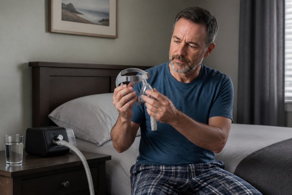 Man examining a nasal mask near a continuous positive airway pressure machine to help choose the right fit.
