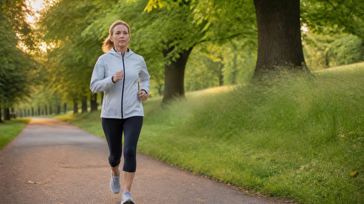 A woman in her forties running along a tree-lined park path at a steady pace, wearing neutral running shoes and a lightweight jacket, early morning light