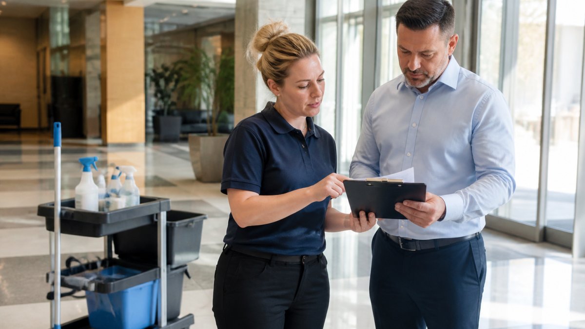 Facilities manager and cleaning supervisor reviewing a detailed office cleaning checklist together in a modern commercial office lobby, with cleaning equipment and supplies visible in the background, natural daylight streaming through large windows