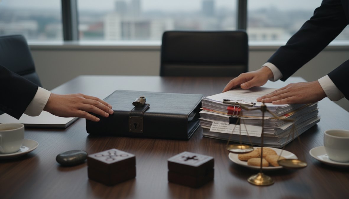 Close-up of a business person's hands scrolling through emails on a laptop screen with a smartphone and printed contract pages visible on the desk beside them