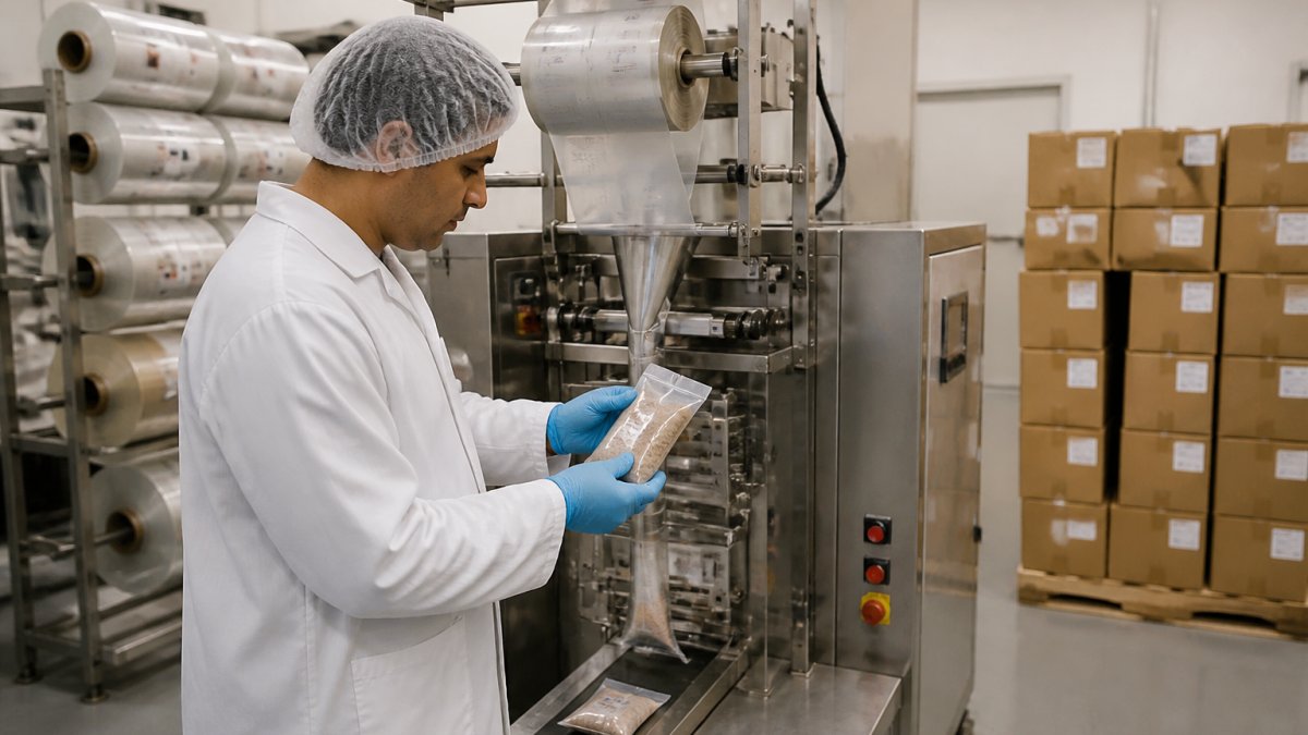 A packaging line operator in a clean food production facility inspecting a sealed pouch as it comes off a vertical form fill seal machine, with stacked film rolls and labeled cartons in the background