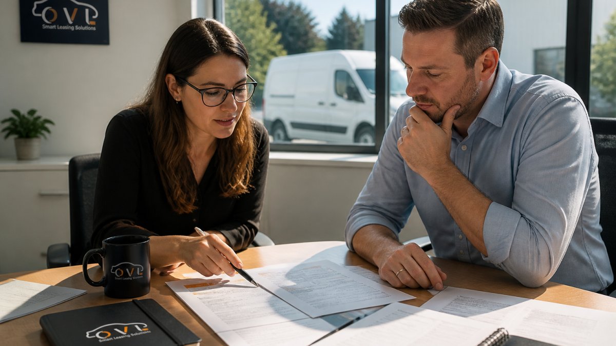 A fleet manager and finance director reviewing vehicle finance documents at a desk in a bright Oxfordshire office, a white delivery van visible through the window