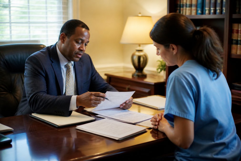A lawyer in business attire reviewing a contract with a medical practice owner across a desk, documents spread out under warm office lighting