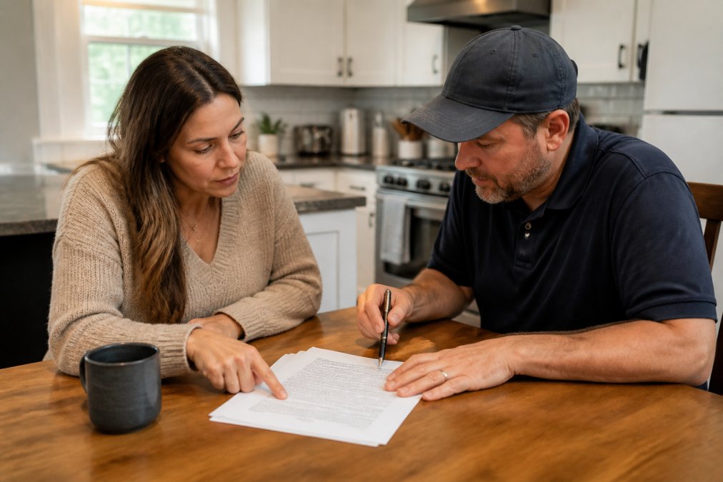 Homeowner and contractor reviewing a printed contract at a kitchen table with a pen and coffee cup, both pointing at specific clauses and discussing terms