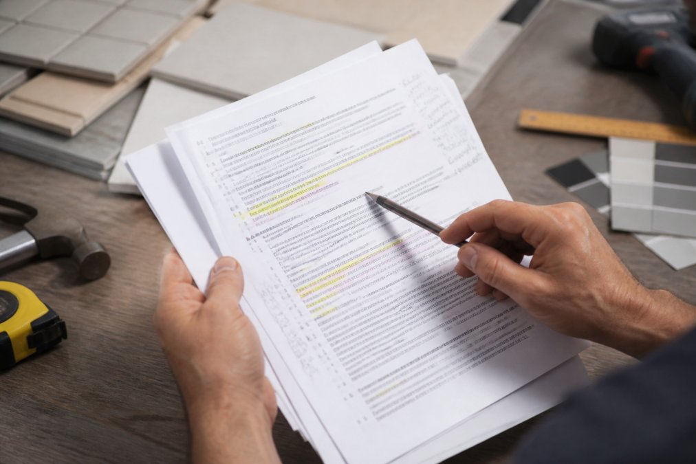Close-up of hands holding a contract document with highlighted sections and notes written in the margins, pen pointing to specific clauses