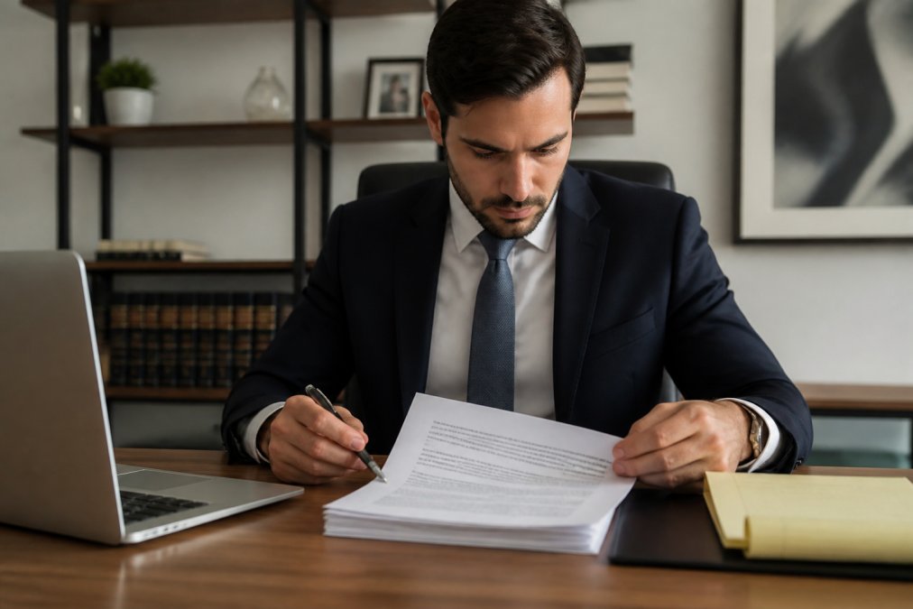 Attorney in professional attire reviewing a multi-page contract document at a clean desk, pen in hand, with a laptop and legal notepad nearby