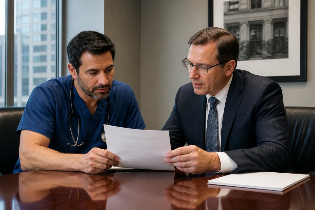 Healthcare professional and attorney sitting across a conference table, both looking at a printed contract, engaged in focused discussion in a well-lit conference room