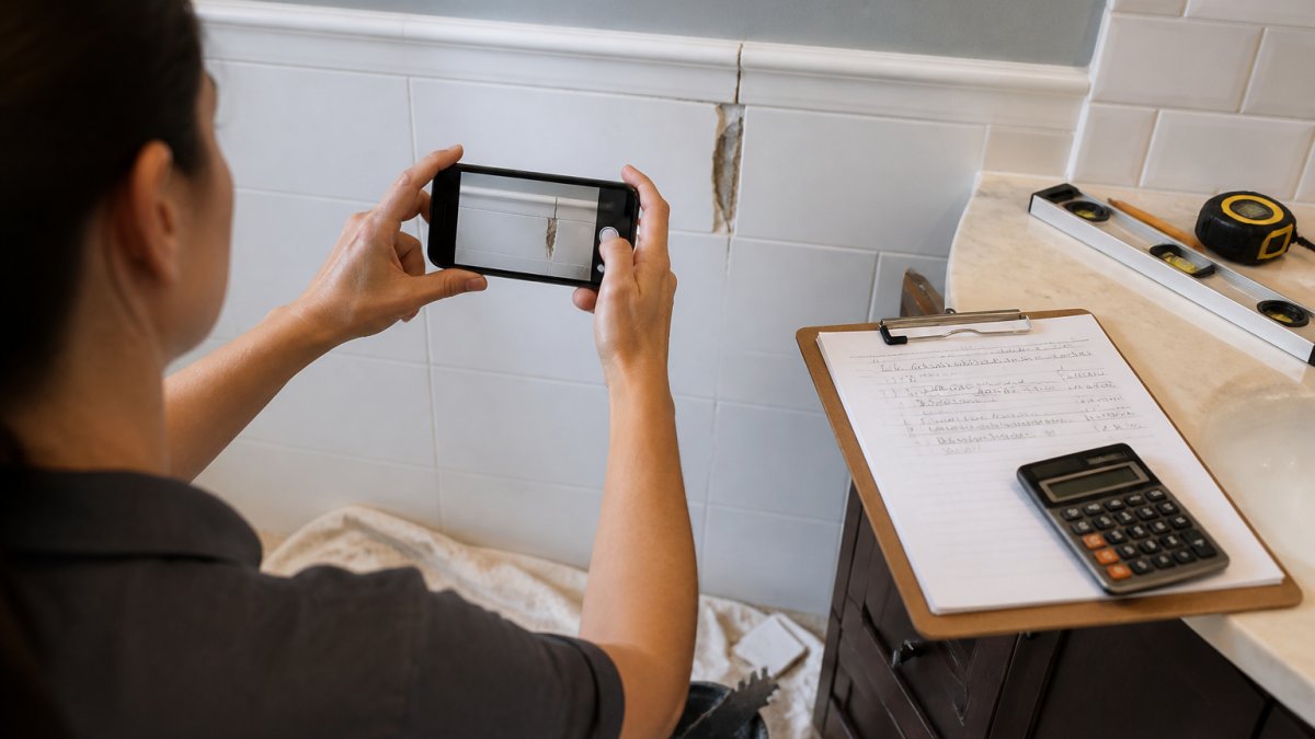Homeowner documenting cracked wall tiles with a smartphone to ensure contractor accountability during repairs.