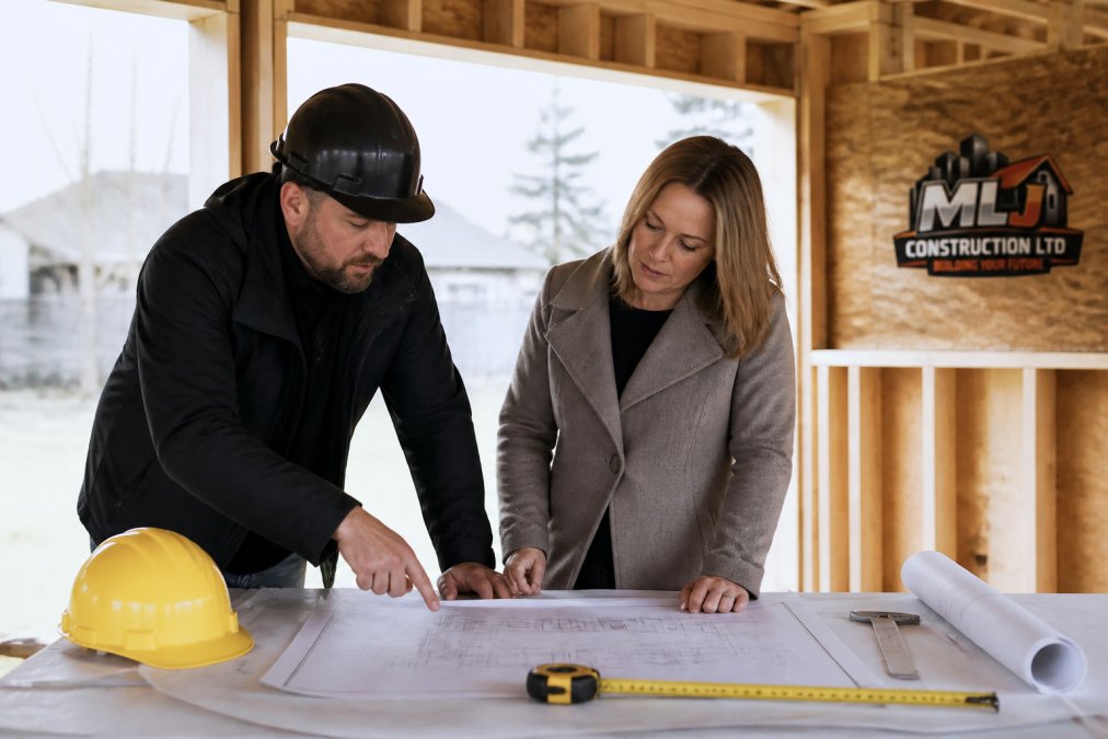 General contractor and homeowner reviewing construction plans together at a job site, standing over blueprints on a table with hard hats and measuring tools visible, natural daylight from site opening