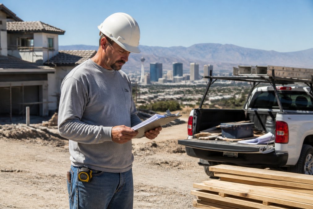 Contractor reviewing paperwork at a Las Vegas job site to meet contractor general liability insurance requirements