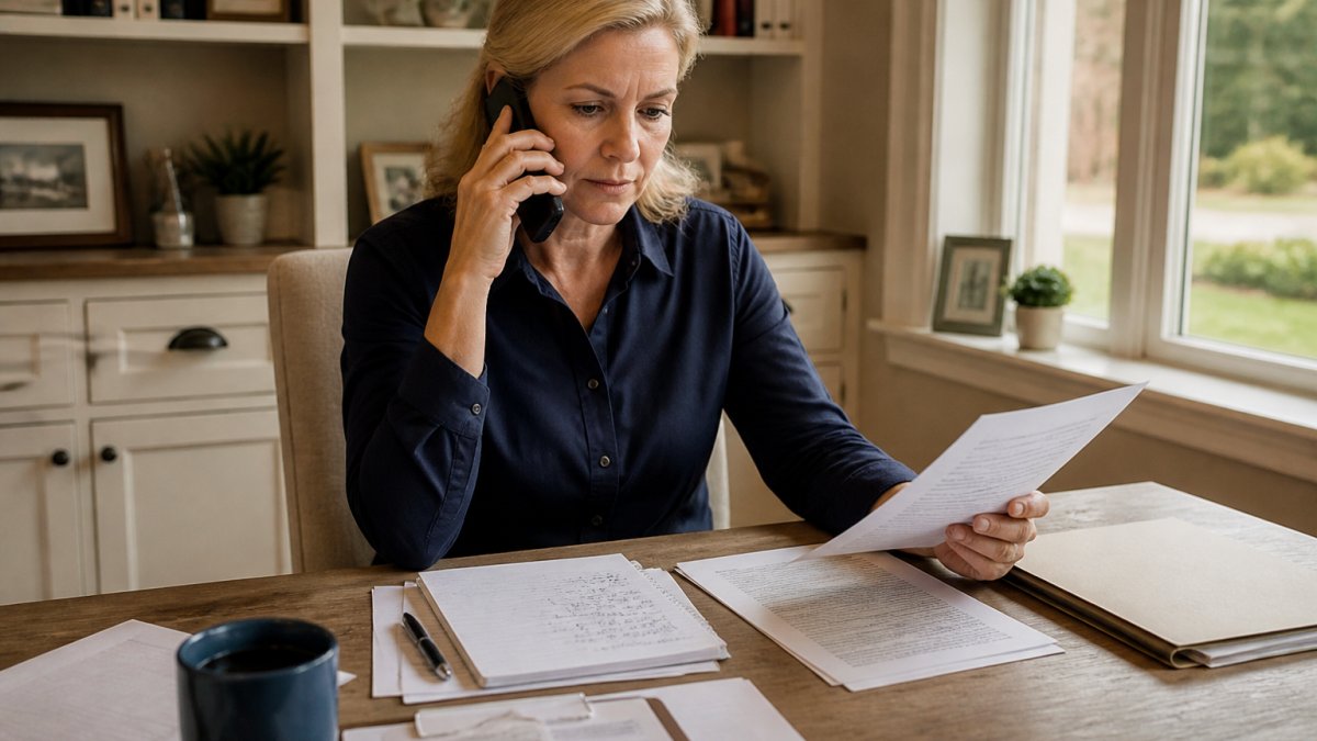 Homeowner in a home office reviewing contractor reference documents and notes while on a phone call, laptop and checklist visible on desk with natural window lighting