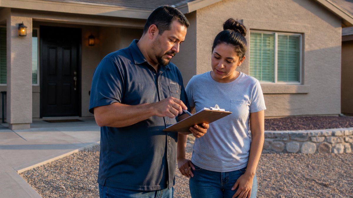 A homeowner in casual clothes and a contractor in a work shirt reviewing a clipboard together in front of a single-story El Paso home with a stucco exterior, late afternoon sunlight