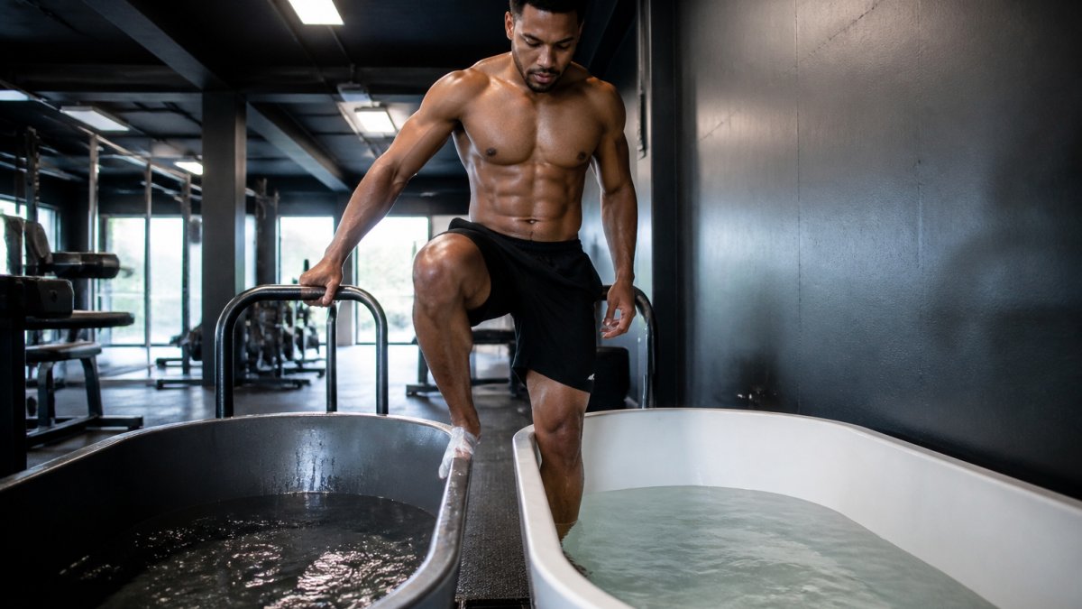 Athlete transitioning between hot and cold water exposure in contrast therapy setup with two tubs visible in modern gym setting, showing the moment of stepping between temperatures