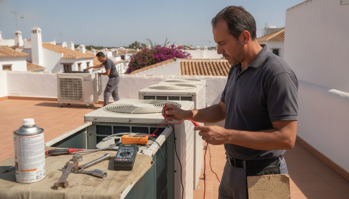 Primer plano de un técnico con uniforme de trabajo revisando el compresor y los filtros de una unidad exterior de aire acondicionado montada en una terraza soleada, con herramientas de diagnóstico en la mano