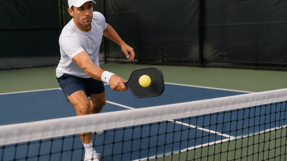 Professional player executing a dink shot with controlled touch, paddle face meeting ball at net height with precise angle, natural outdoor court lighting