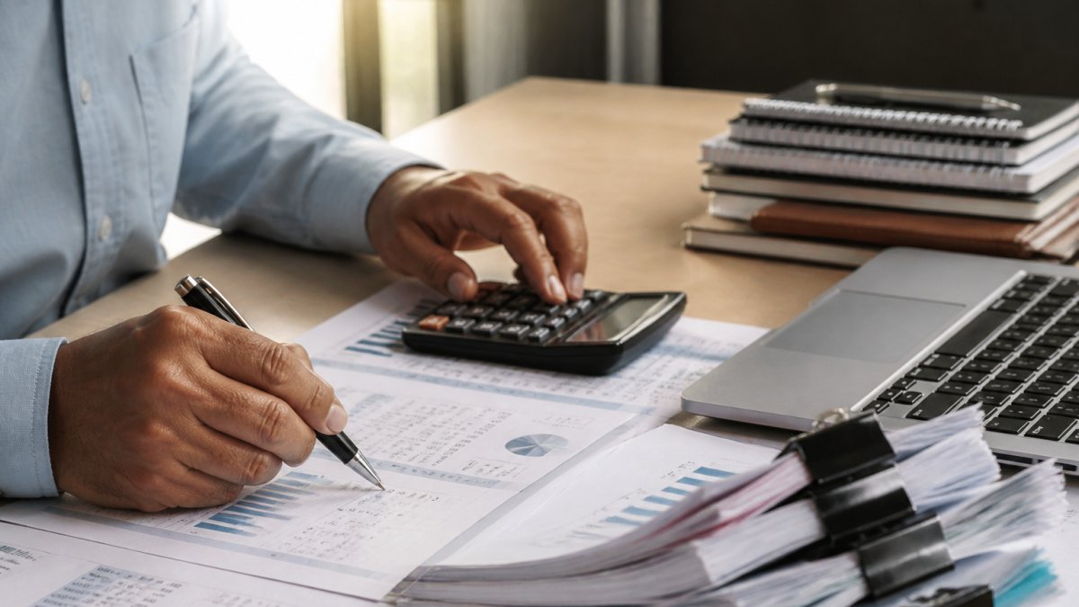 Small business owner reviewing financial reports for controller level oversight at a desk