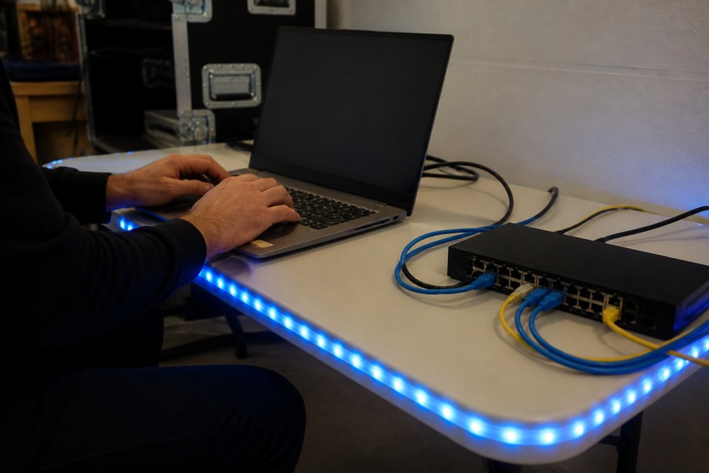 A lighting technician's hands typing on a laptop at a small folding table, a Govee LED strip glowing blue along the edge of the table, and a compact network switch with ethernet cables plugged in beside the laptop