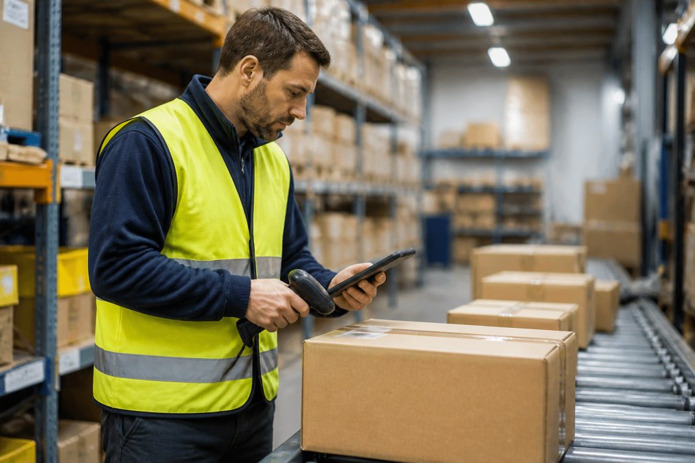 Un operatore di magazzino con tablet e scanner barcode in mano che verifica la correttezza di un pacco su una linea di picking, scaffalature metalliche sullo sfondo, illuminazione industriale uniforme