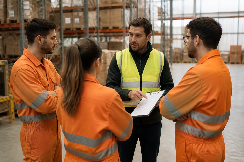 Un responsabile di magazzino che illustra procedure operative a un piccolo gruppo di operatori in tuta da lavoro arancione, in un ambiente industriale luminoso con checklist cartacea in mano e scaffalature metalliche sullo sfondo