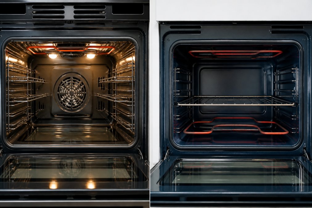 Interior view of a convection oven with visible fan and heating elements, showing air circulation patterns, contrasted with a traditional oven's static heating element design