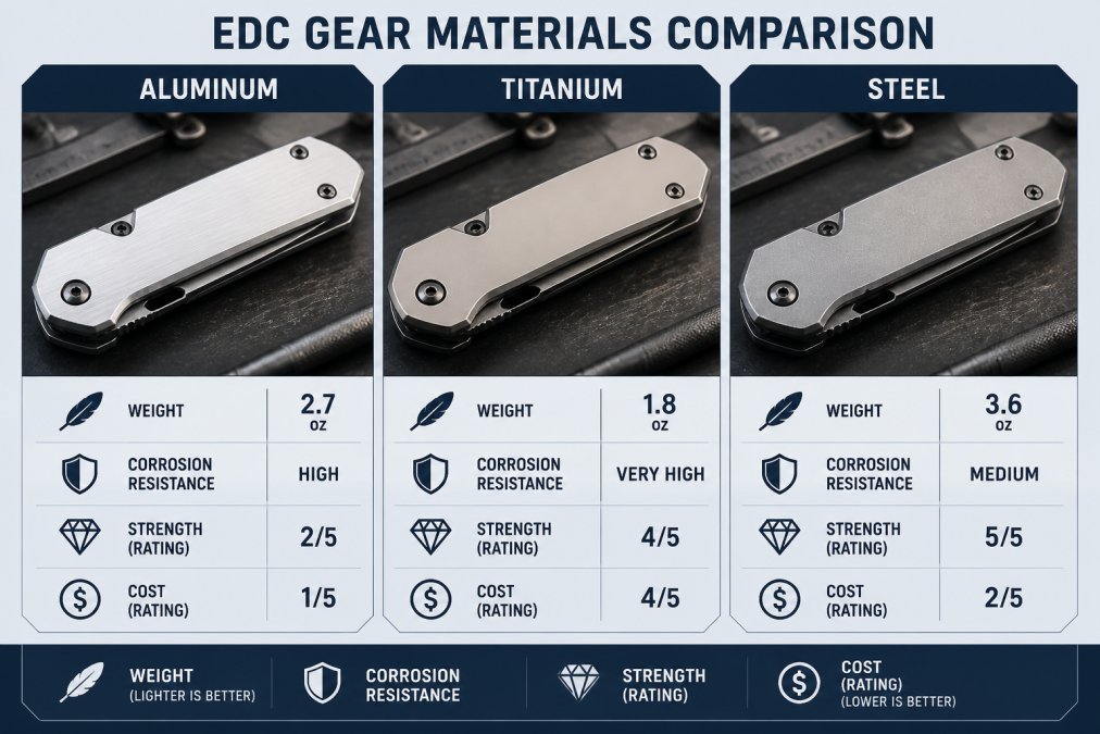 Close-up of three utility knife bodies displayed side by side on a workbench, showing the distinct surface finishes and textures of brushed aluminum, polished titanium, and matte steel in natural daylight