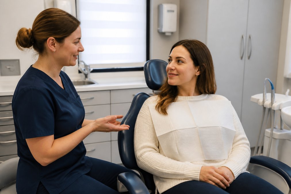 A calm dental surgery room with a comfortable treatment chair, soft lighting, and a reassuring dental nurse speaking with a seated patient before a procedure
