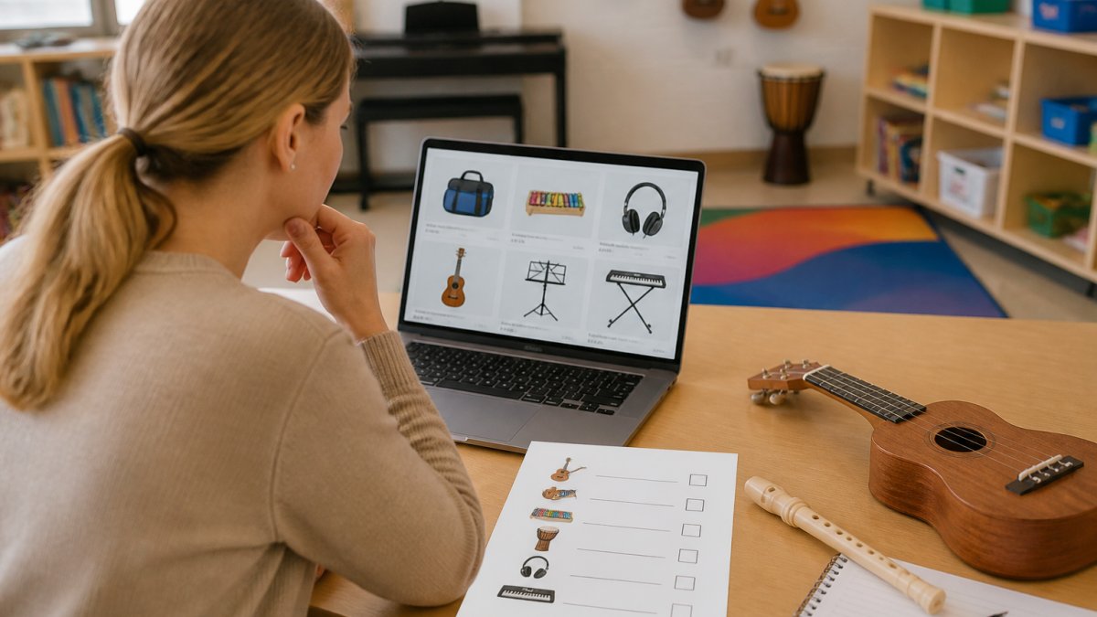 A teacher at a desk with a laptop open to an online music supply store, surrounded by a printed instrument checklist, a ukulele and a recorder, in a bright classroom
